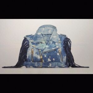 Denim Motorcycle Jacket Bag with Fringe - Blue